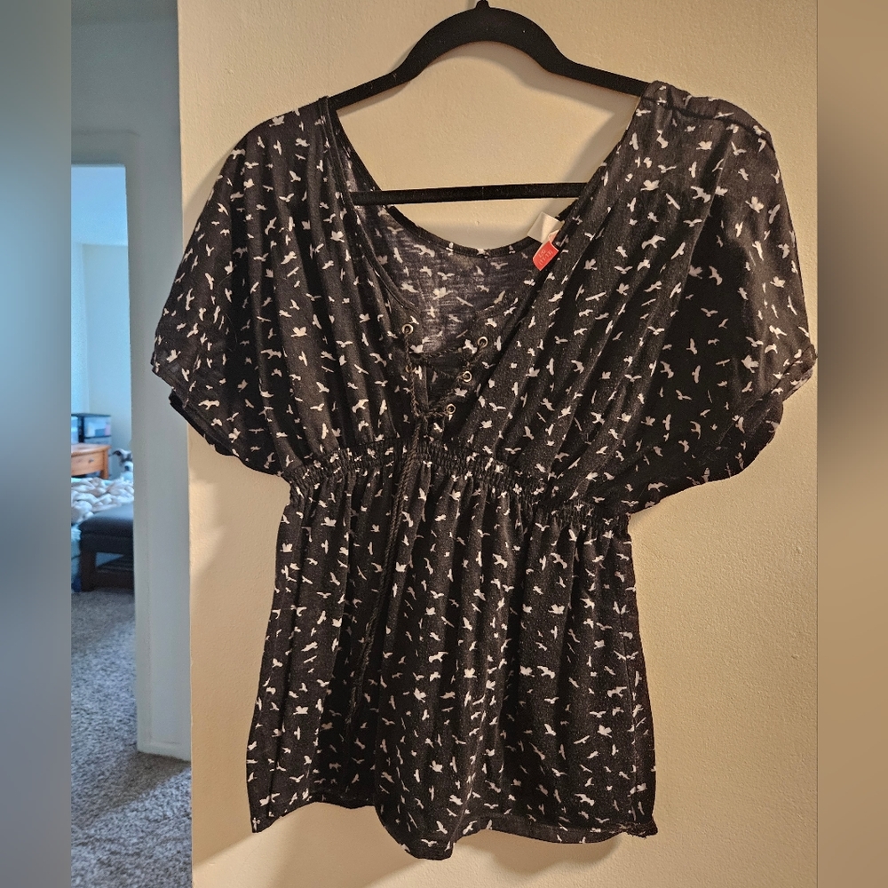 Black top with white bird pattern